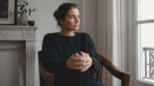 Donna seduta vicino alla finestra con sguardo assorto, simbolo di emozioni trattenute, parole non dette e ascolto silenzioso del corpo.