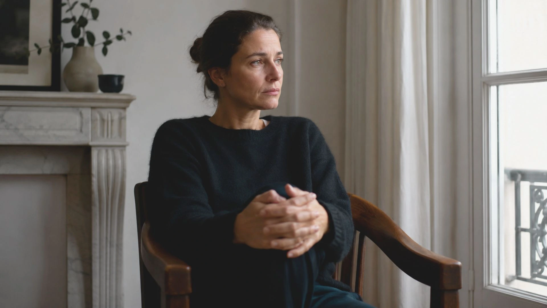 Donna seduta vicino alla finestra con sguardo assorto, simbolo di emozioni trattenute, parole non dette e ascolto silenzioso del corpo.