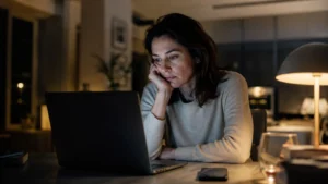 Persona stanca davanti a schermo e luce serale, simbolo del rapporto tra luce artificiale e corpo, sonno disturbato e bisogno di recupero.