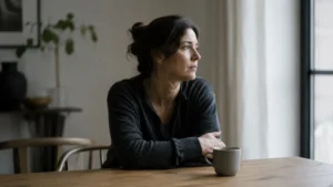 Persona seduta in silenzio con sguardo pensieroso, simbolo della mancanza di sostegno emotivo, della fatica di reggere tutto da soli e dell’ascolto del corpo.
