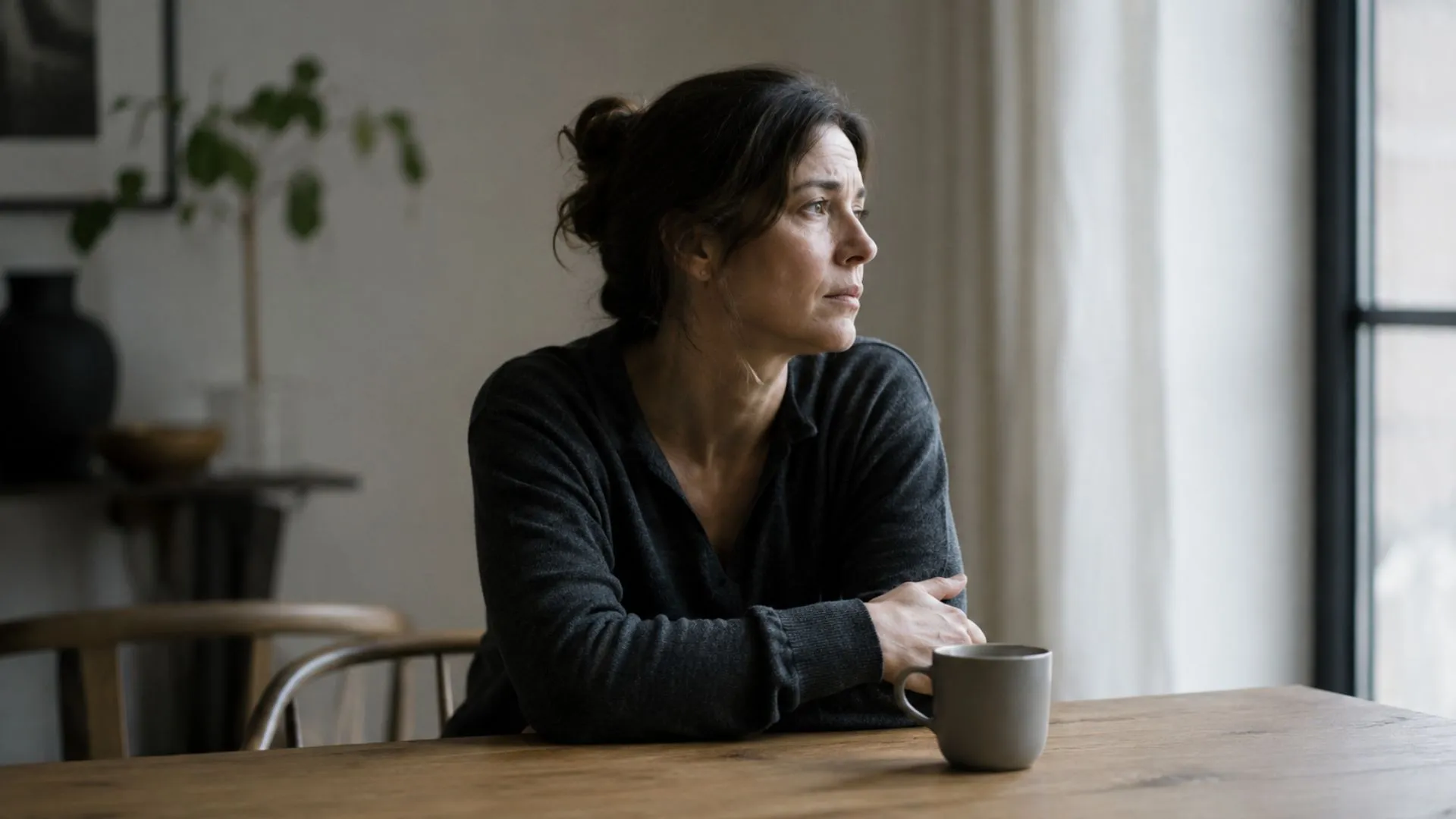 Persona seduta in silenzio con sguardo pensieroso, simbolo della mancanza di sostegno emotivo, della fatica di reggere tutto da soli e dell’ascolto del corpo.