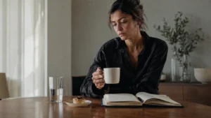 Persona seduta davanti a caffè e dolci, simbolo degli stimolanti quotidiani usati per compensare stanchezza, cali di energia e bisogno di recupero.