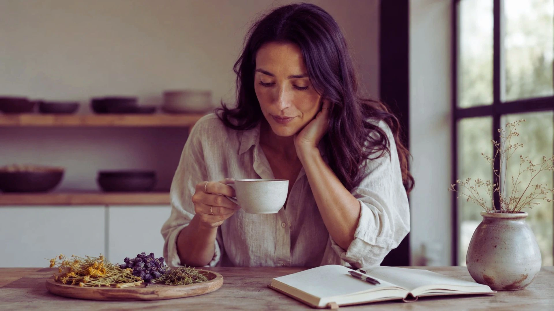 Persona seduta davanti a una tisana calda ed erbe naturali, simbolo delle tisane sintomatiche come supporto consapevole per ascoltare il corpo.